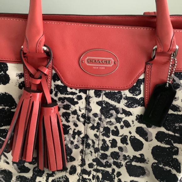 Coach Legacy Haley Red Leather and Leopard Print Cloth Trim Satchel With Tassel - Picture 2 of 12